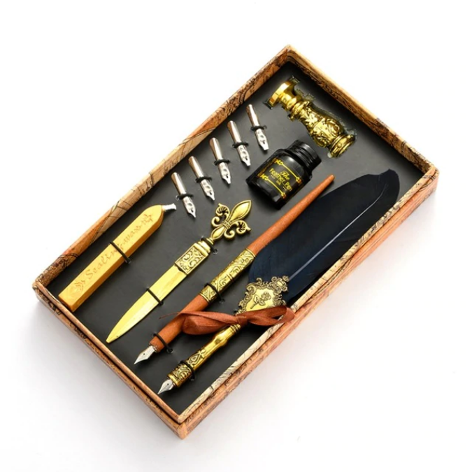 Set stilou si pana cu 5 penite si stampila cu ceara (cadou 12 penite) [5]