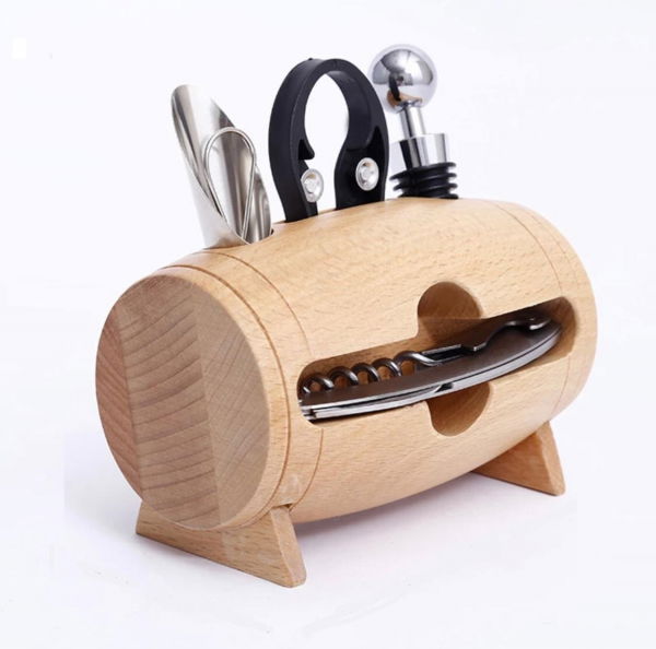 Set 4 piese din oțel inoxidabil de deschidere pentru sticle de vin cu suport tip butoi din lemn [1]
