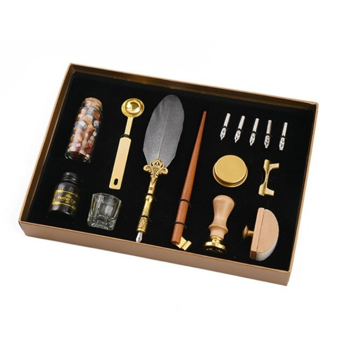 Set Stilou retro pentru caligrafie, pluma, pen, cu penite, ceara, sigiliu, suport pentru timbru, cadou [1]