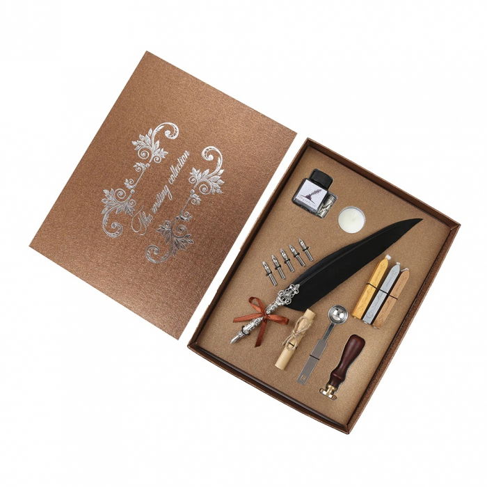 Set de cerneala de scris stilou cu pene, caligrafie vintage, sigilare cu ceara, stampila, birou, tip cadou [2]