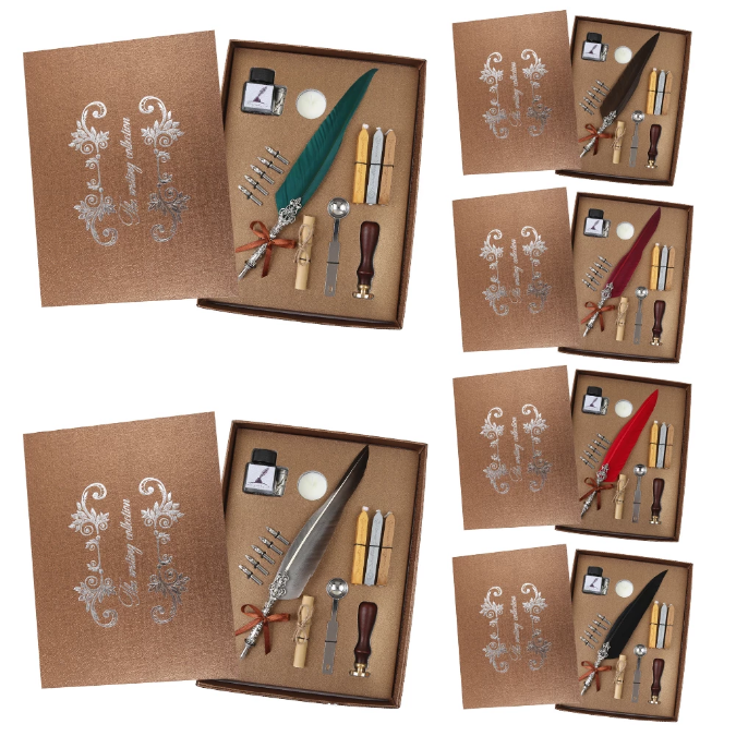 Set de cerneala de scris stilou cu pene, caligrafie vintage, sigilare cu ceara, stampila, birou, tip cadou [8]