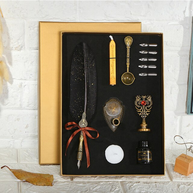 Set de cerneala de scris cu stilou de caligrafie vintage de lux, stilou, calimara, cadou de papetarie, cu 5 pene [7]