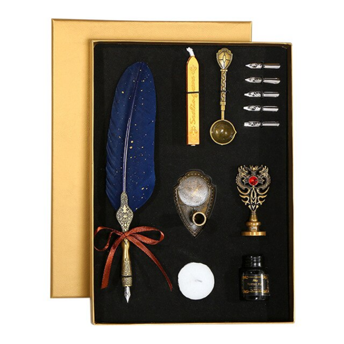 Set de cerneala de scris cu stilou de caligrafie vintage de lux, stilou, calimara, cadou de papetarie, cu 5 pene [3]