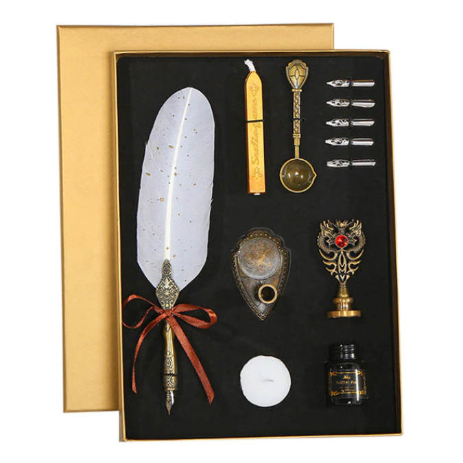 Set de cerneala de scris cu stilou de caligrafie vintage de lux, stilou, calimara, cadou de papetarie, cu 5 pene [1]