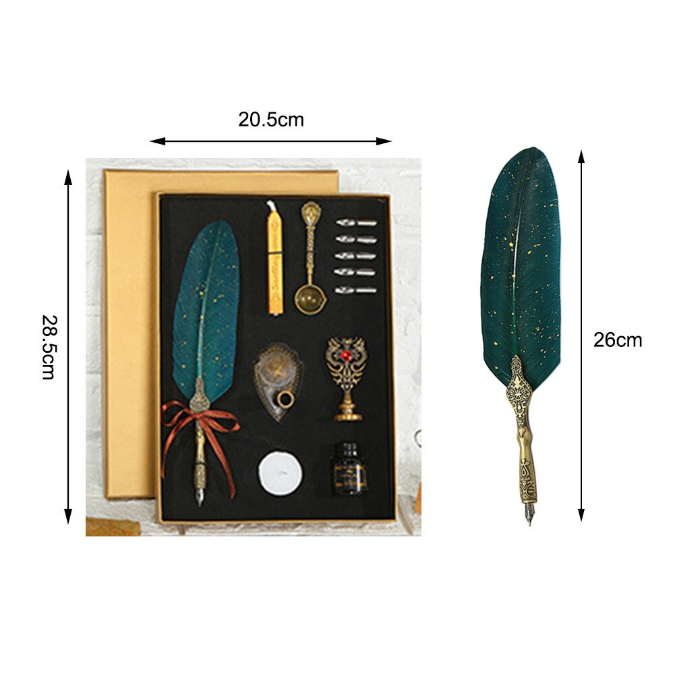 Set de cerneala de scris cu stilou de caligrafie vintage de lux, stilou, calimara, cadou de papetarie, cu 5 pene [9]