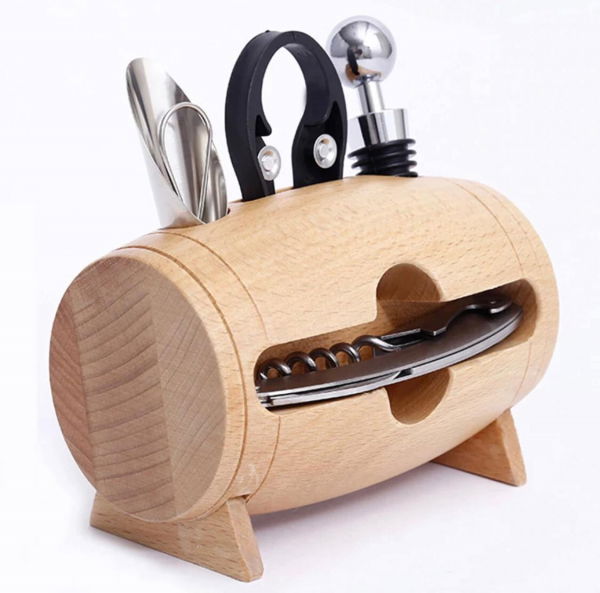 Set 4 piese din oțel inoxidabil de deschidere pentru sticle de vin cu suport tip butoi din lemn [8]