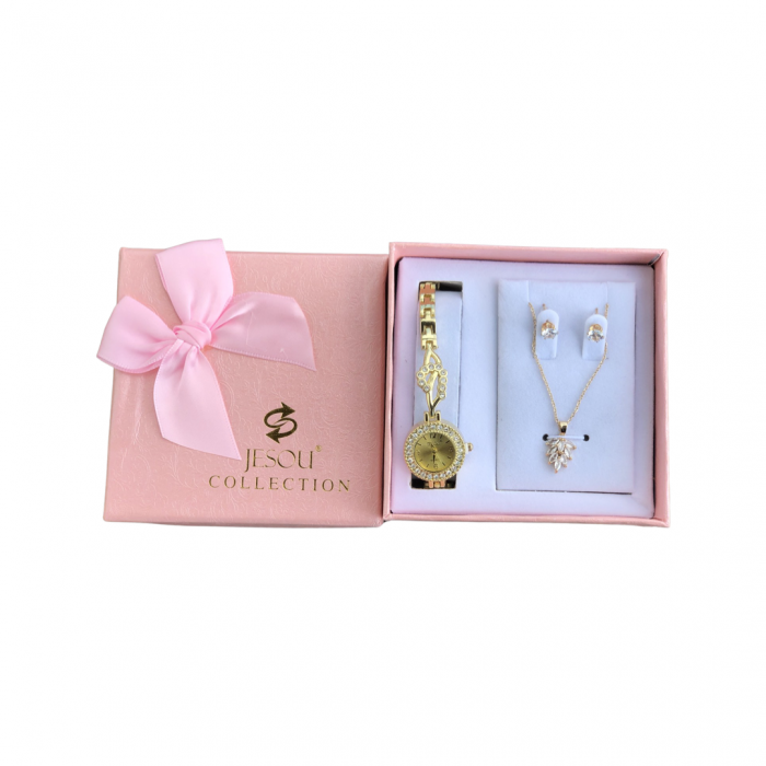Set simplu 3 buc pentru femei ceas, doi cercei, colier, cutie roz [6]