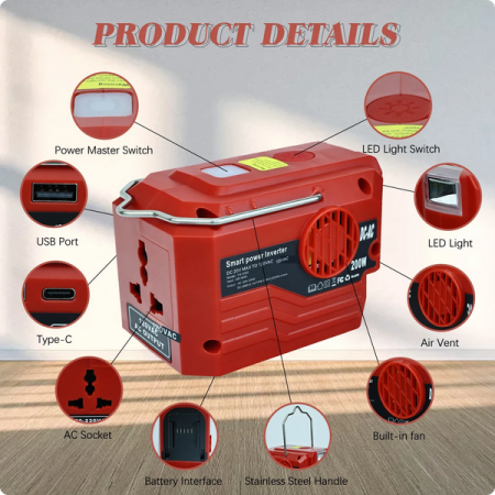 Invertor portabil de exterior de 200W pentru baterie Milwaukee 18V la AC 110V/220V Convertor USB Tpye-C Power Bank cu convertor de lumină [5]
