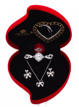 Aparate premium - Set pentru femei 3 buc ceas, doi cercei, colier, cutie tip inima rosie