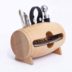 Aparate premium - Set 4 piese din oțel inoxidabil de deschidere pentru sticle de vin cu suport tip butoi din lemn