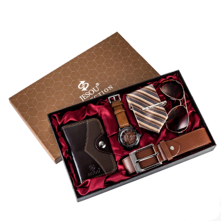 Aparate premium - Set cadou pentru barbati 5 buc: ceas, curea de piele, portofel, cravata, ochelari