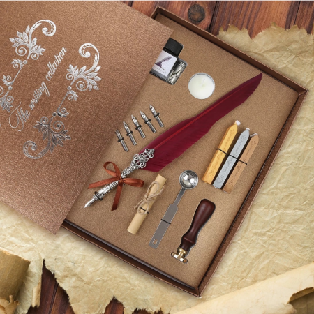 Set de cerneala de scris stilou cu pene, caligrafie vintage, sigilare cu ceara, stampila, birou, tip cadou [9]
