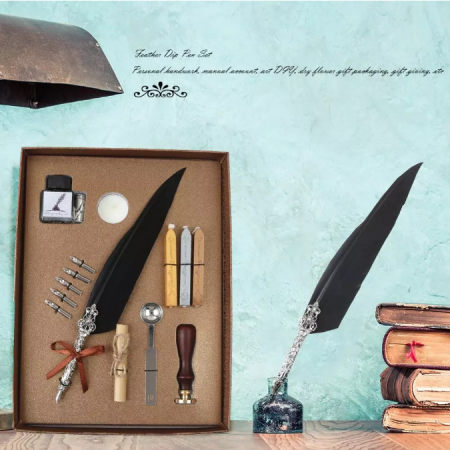 Set de cerneala de scris stilou cu pene, caligrafie vintage, sigilare cu ceara, stampila, birou, tip cadou [4]