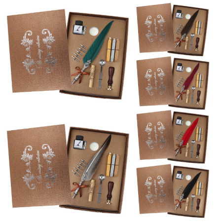 Set de cerneala de scris stilou cu pene, caligrafie vintage, sigilare cu ceara, stampila, birou, tip cadou [7]