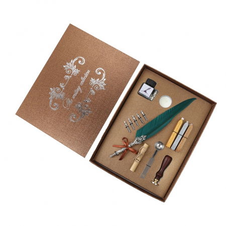 Set de cerneala de scris stilou cu pene, caligrafie vintage, sigilare cu ceara, stampila, birou, tip cadou [2]