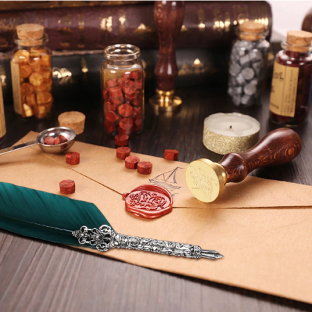 Set de cerneala de scris stilou cu pene, caligrafie vintage, sigilare cu ceara, stampila, birou, tip cadou [5]