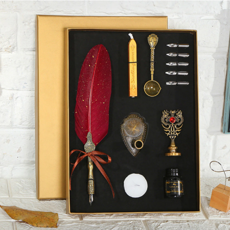 Set de cerneala de scris cu stilou de caligrafie vintage de lux, stilou, calimara, cadou de papetarie, cu 5 pene [5]