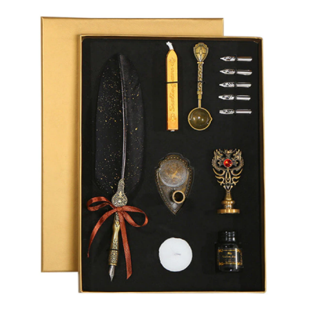 Set de cerneala de scris cu stilou de caligrafie vintage de lux, stilou, calimara, cadou de papetarie, cu 5 pene [3]
