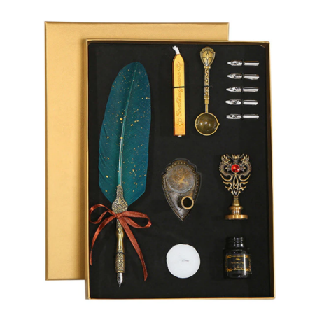 Set de cerneala de scris cu stilou de caligrafie vintage de lux, stilou, calimara, cadou de papetarie, cu 5 pene [1]