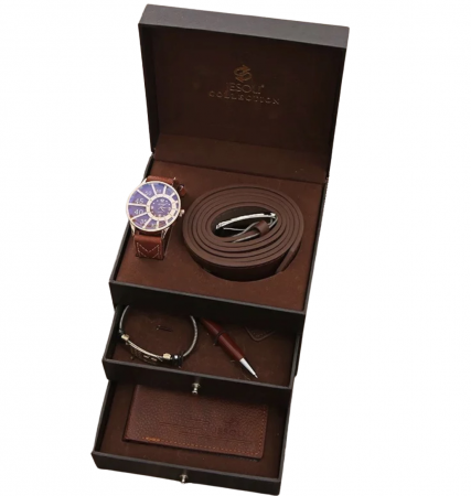 Aparate premium - Set 6 piese in cutie pe 3 nivele pentru barbati, ceas, curea de piele, portofel, pix, breloc, bratara