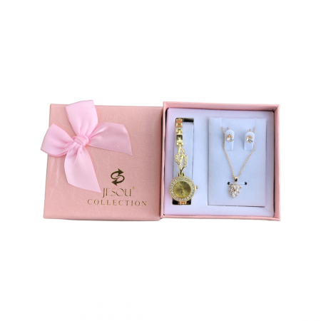 Set simplu 3 buc pentru femei ceas, doi cercei, colier, cutie roz [5]