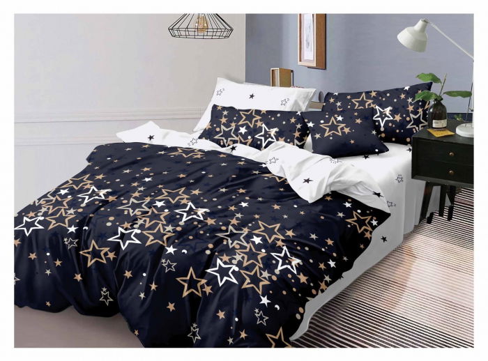 Lenjerie De Pat Finet Superior - Alba/ Bleumarin Cu Stele [1]