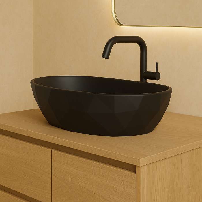 Lavoar pe blat din compozit negru mat 56 cm, oval, 3D,  Foglia Armonia Slim [2]
