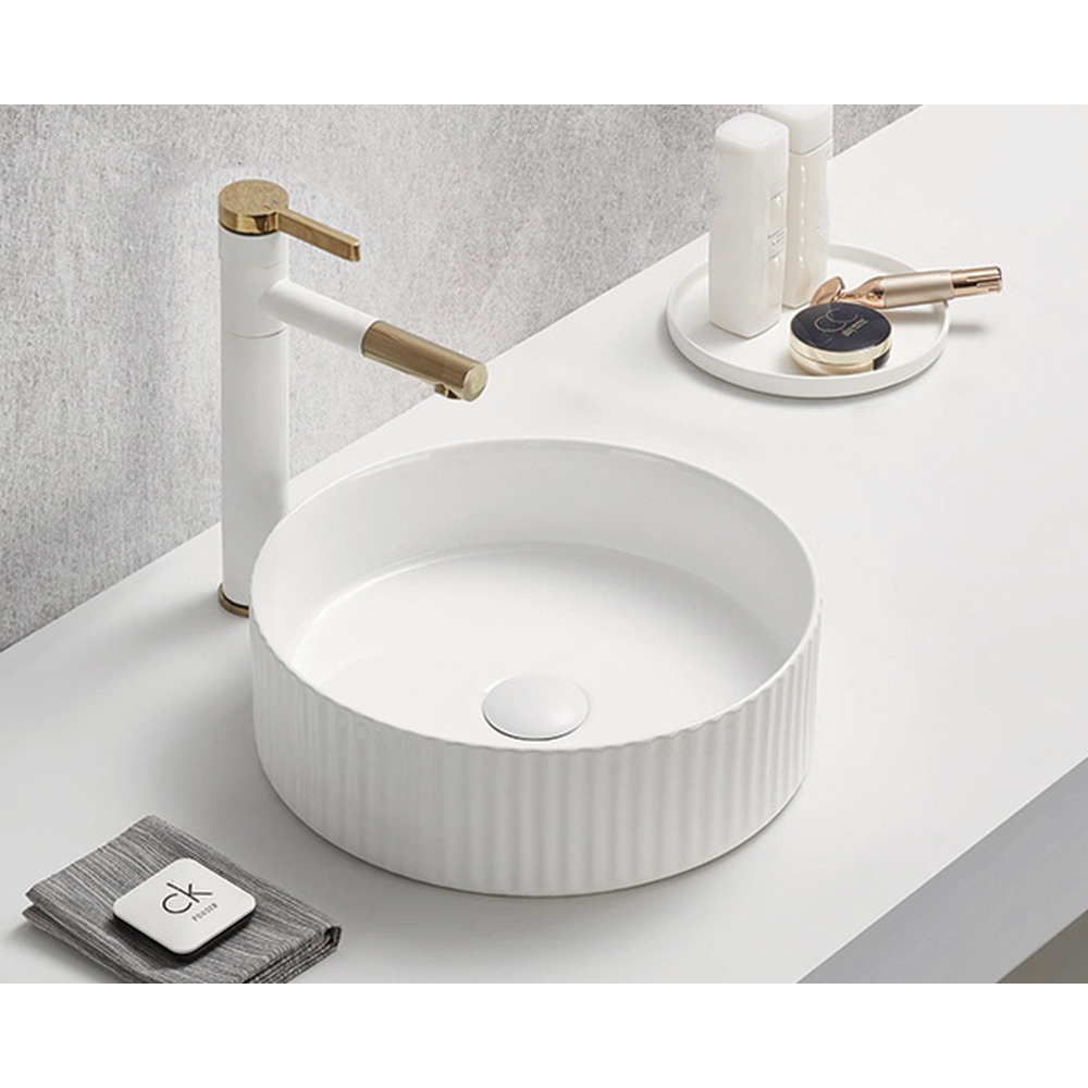 Baie - Lavoar rotund pe blat, cu riflaje 3D, alb lucios, Imperial Foglia