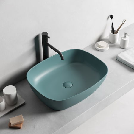 Baie - Lavoar baie pe blat, dreptunghiular margini rotunde, verde turcoaz mat, Bristol Foglia