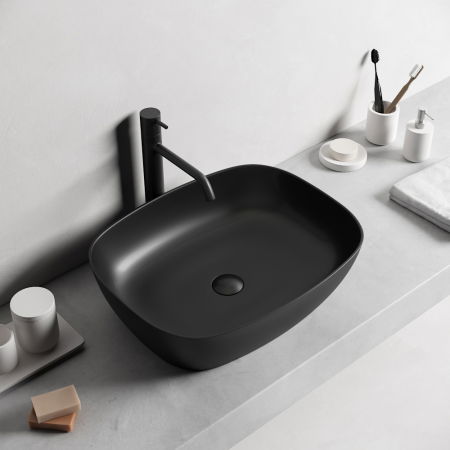 Baie - Lavoar baie pe blat, dreptunghiular margini rotunde, negru mat, Bristol Foglia