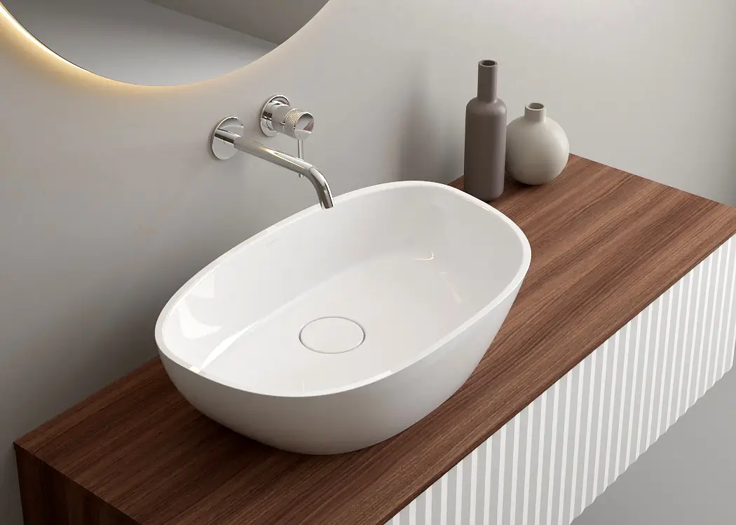 Chiuvete baie - Lavoar compozit cu montare pe blat, 60x36 cm, alb lucios, Foglia Ondo Curve