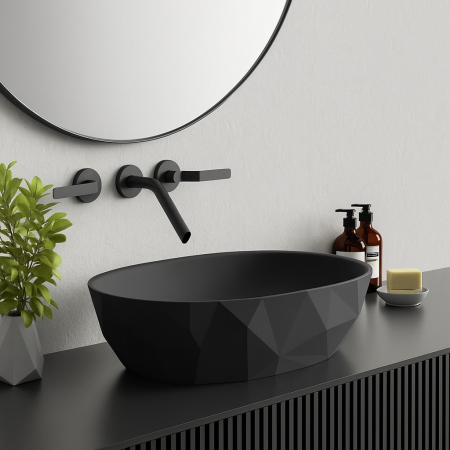 Lavoar pe blat din compozit negru mat 56 cm, oval, 3D,  Foglia Armonia Slim [2]