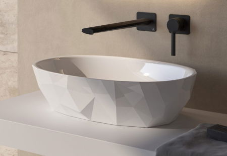 Baie - Lavoar pe blat din compozit alb lucios 56 cm, oval, 3D, Marmite Aruba