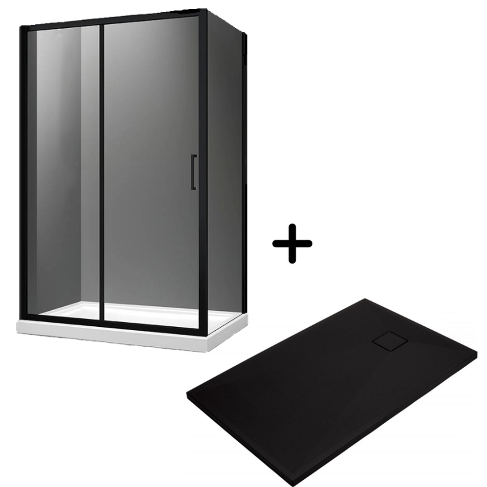 Seturi cabine cu coloane de dus - Set cabina dus neagra cu usa culisanta 120x90 cm plus cadita dus compozit Deante, Correo