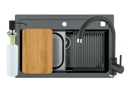 Bucatarie - Set chiuveta bucatarie compozit Atrox 40 neagra, baterie bucatarie Kati neagra si accesorii