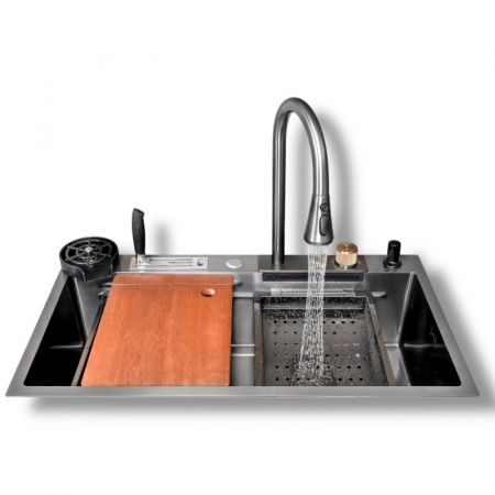 Chiuvete bucatarie inox - Set chiuveta bucatarie multifunctionala, baterie cu dus extractibil și accesorii, 750x460, gri antracit, Top Ceramic