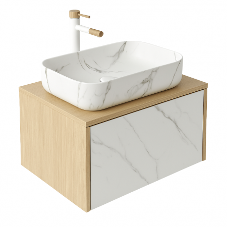 Set dulap baie suspendat placat cu ceramica CALACATTA 80 cm cu lavoar inclus Dione Foglia