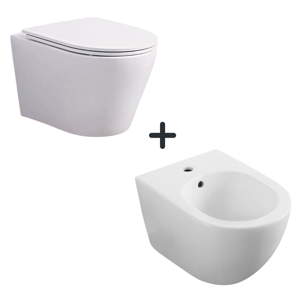 Seturi vase WC cu bideu - Set vas wc suspendat rimless cu capac inclus si bideu semirotund, alb, Foglia Oslo