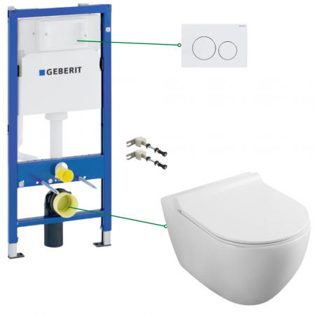 Seturi vas WC suspendat cu rezervor incastrat si clapeta - Set vas wc suspendat rimless cu capac soft close, rezervor incastrat si clapeta alba Geberit