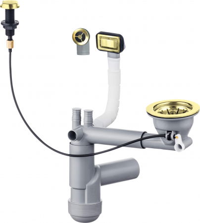 Accesorii chiuvete - Sifon chiuveta bucatarie cu preaplin si ventil cu dop automat, auriu Deante Space-Saver Lux