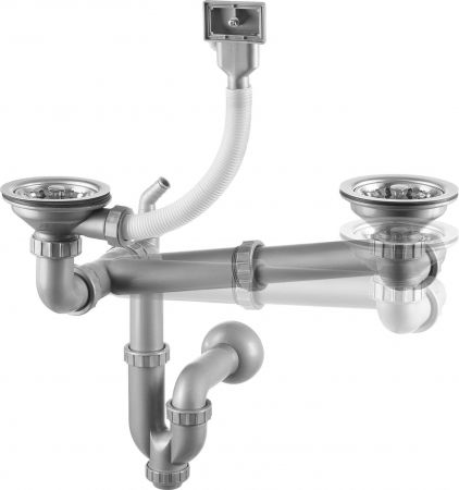 Accesorii chiuvete - Sifon chiuveta bucatarie doua cuve, cu ventil si preaplin Deante