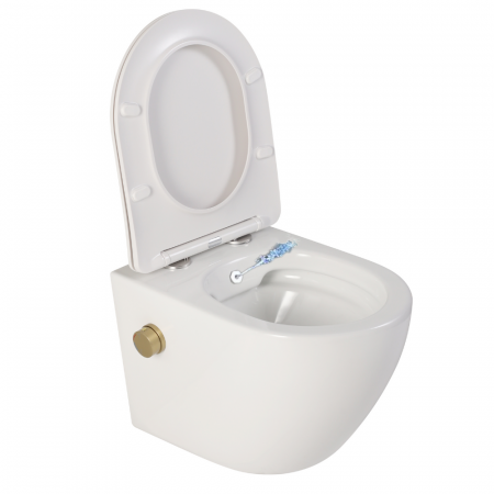 Vase WC cu functie de bideu - Vas wc suspendat cu functie bideu, semirotund, rimless, apă calda/rece, capac soft close, baterie auriu mat Foglia Oslo