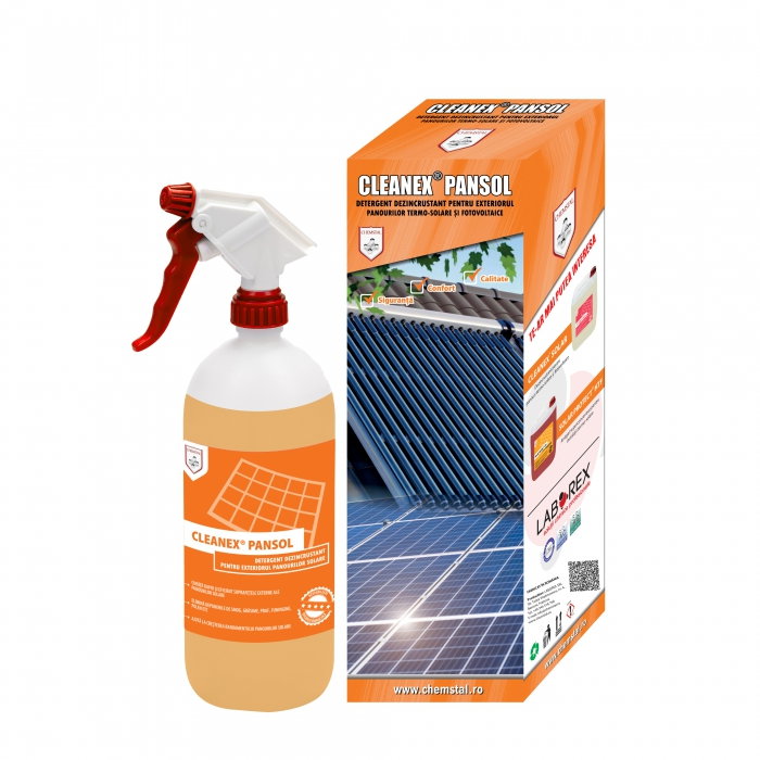 Detergent dezincrustant CLEANEX PANSOL pentru exteriorul panourilor solare termo-solare plane, cu tuburi vidate si fotovoltaice,  flacon 1 litru [1]