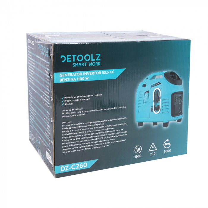 Generator digital monofazat Detoolz DZ-C260 invertor,  benzina 1.1 kW, port 12 V, pentru camping, rulote si autorulote [4]