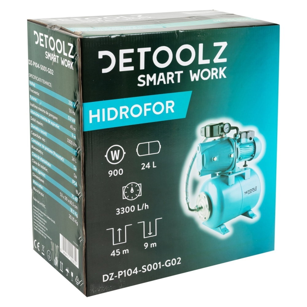 Hidrofor Detoolz 0.9 kW, debit maxim 3300l/h, inaltime maxima pompare 45m, corp pompa fonta, butelie 24L [4]
