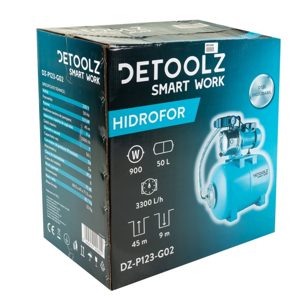 Hidrofor Detoolz 0.9 kW, debit maxim 3300l/h, inaltime maxima pompare 45m, corp pompa inox, butelie 50L [6]