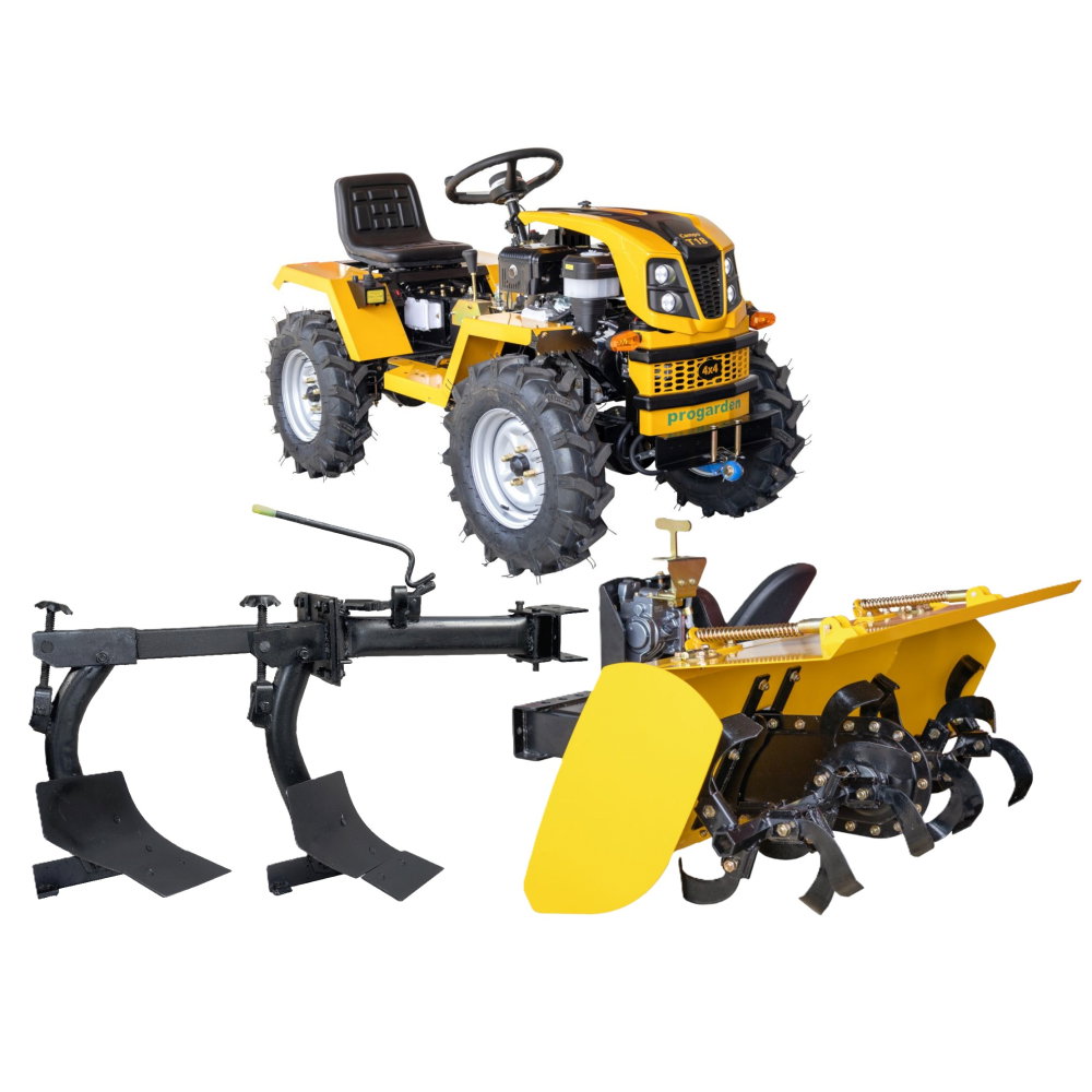 Minitractor articulat 4x4 ProGARDEN Campo T18 V27, motor benzina Loncin 18 CP, hidraulică față-spate, 2 diferențiale, roți 6.00-12 cu freza tractata si plug cu doua brazdare [1]