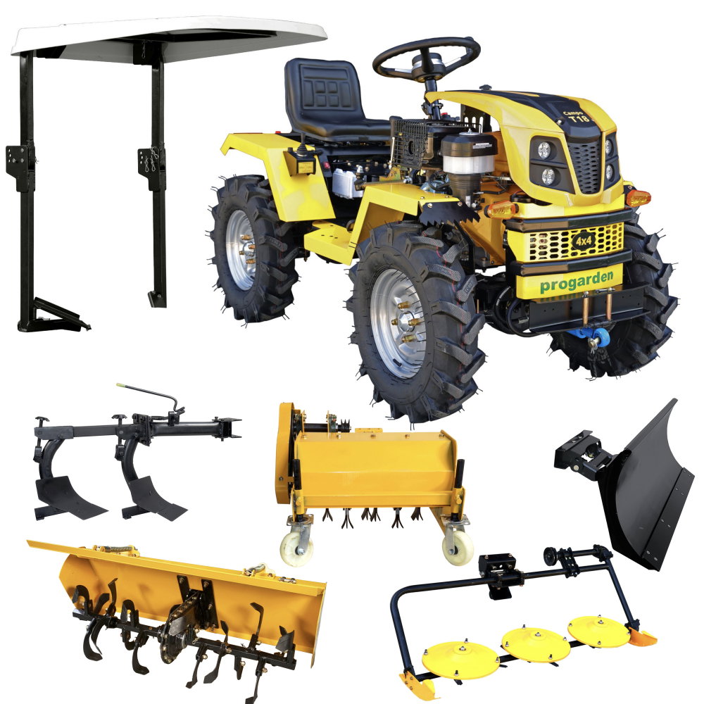 Minitractor ProGARDEN Campo T18 V25.1 4x4, 18CP, benzina, hidraulica fata-spate, roti 6.00-12 cu acoperis + freza tractata, plug, tocator vegetatie, cositoare cu discuri si lama zapada/pietris [1]