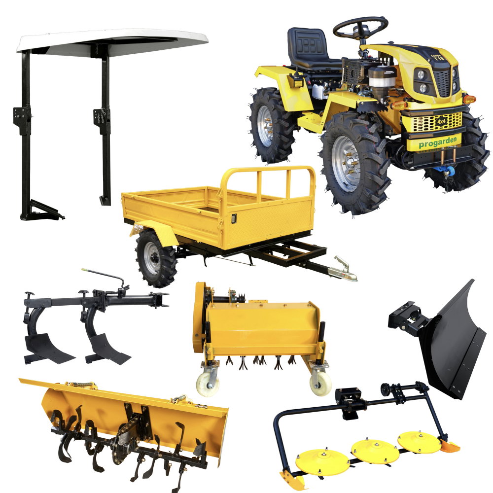 Minitractor ProGARDEN Campo T18 V25.1 4x4, 18CP, benzina, hidraulica fata-spate, roti 6.00-12 cu acoperis + remorca 600 kg, freza tractata, plug, tocator vegetatie, cositoare cu discuri si lama zapada [1]