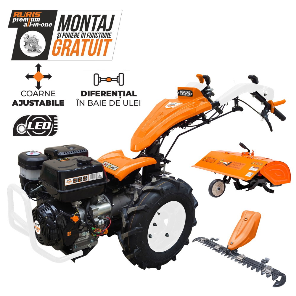Motocultivator RURIS 977C, 16 CP, motor Loncin 420 cc, diferențial, pornire electrică + lamă de cosit C977 1170 mm  + Freză de săpat RURIS S977 650 mm [1]